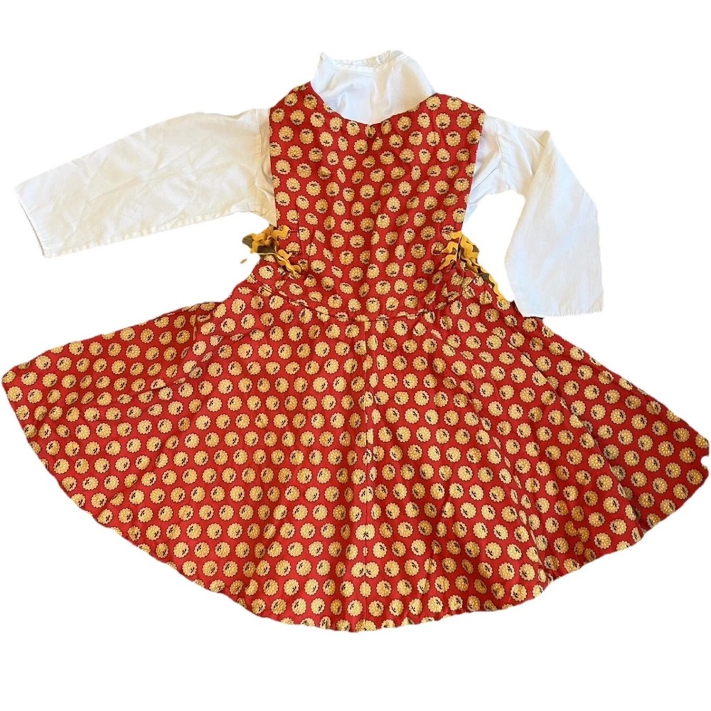 Unbranded girl’s vintage red and gold reversible apron twirl dress, no size tags